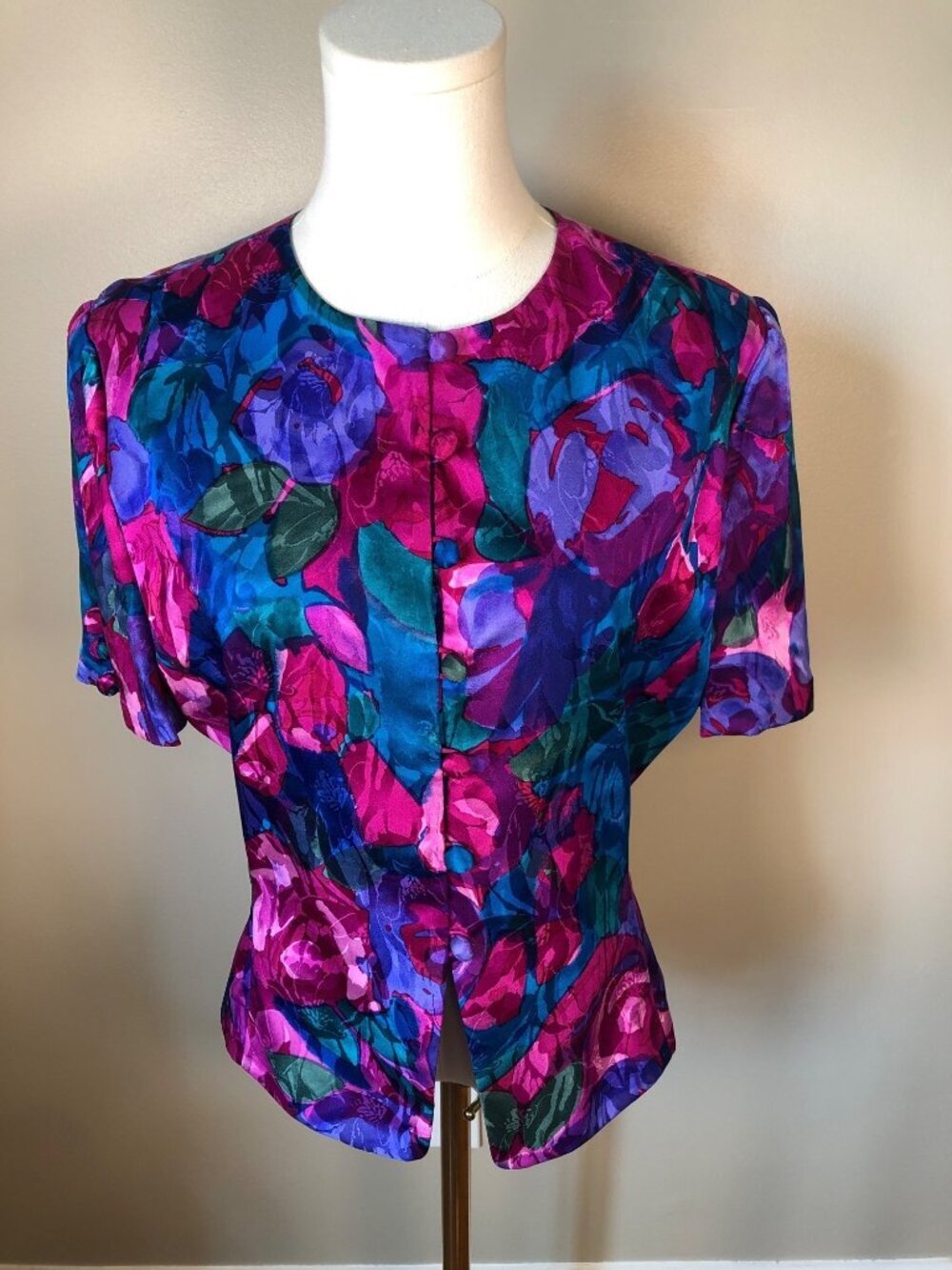 VTG Adrianna Papell Silk Short Sleeve Colorful Floral Peplum Blouse Size 6 Luxe